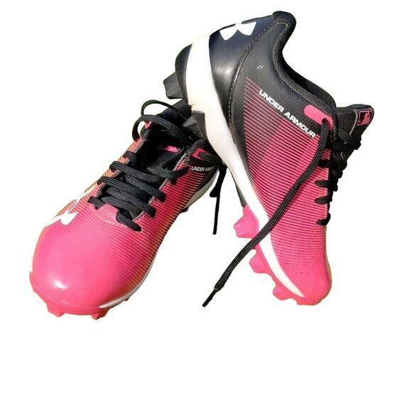 EUC‎ Under Armour Leadoff Low RM Kid PINK BLACK Baseball Softball Cleats sz 1.5Y - Picture 1 of 11